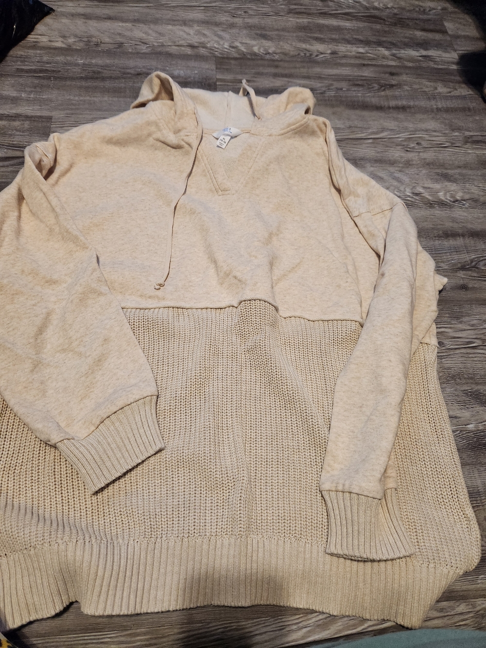 Time and Tru Two-Tone Knit Hoodie Sweater - Light Tan